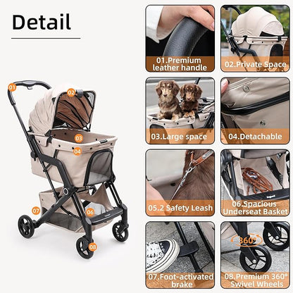 Upgraded Small/Medium Pet Stroller - Dogs & Cats up to 66 lbs, Folds for Storage and Features a Safety Foot Brake, 3-in-1 Foldable Portable Travel Carrier for 2 Small to Medium Pets (Beige)