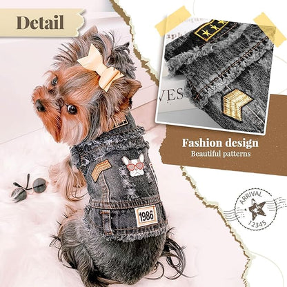 Cool Dog Jean Jacket Small Puppy Outfits Frenchie Clothes Denim Coats for Small Medium Dogs Cats Boys Girls Pet Vest Dog Shirt Clothing Doggy Costume (Black Print, XS（Suggest 2-4 lbs）)