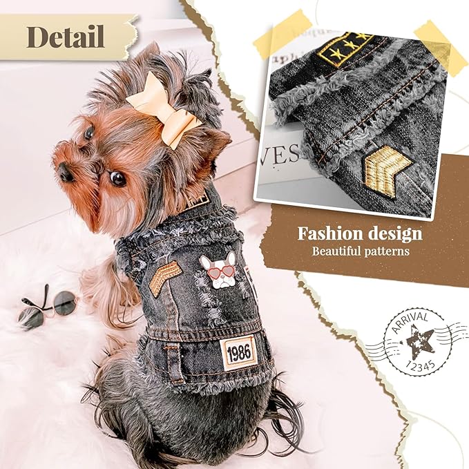 Cool Dog Jean Jacket Small Puppy Outfits Frenchie Clothes Denim Coats for Small Medium Dogs Cats Boys Girls Pet Vest Dog Shirt Clothing Doggy Costume (Black Print, L（Suggest 9-12 lbs）)