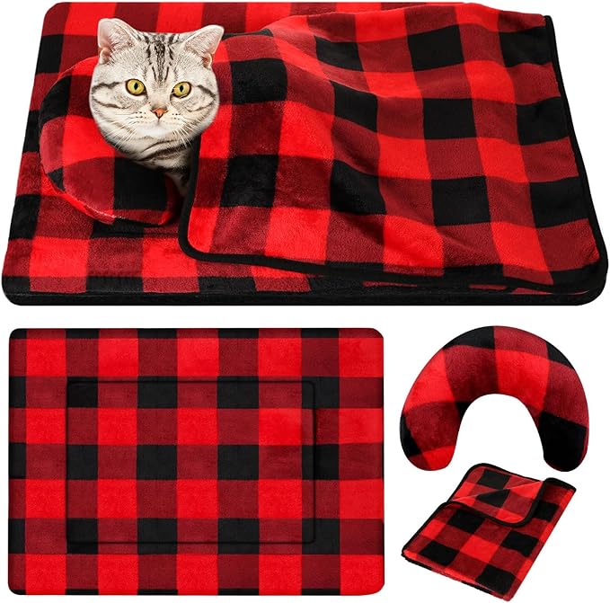 Namalu Christmas Pet Bed Mats with Puppy Dog Blankets and Pillows for Cats Puppy Bed Warm Sleep Mat Fleece Blanket Fluffy Pet Calming Toy Half Donut U Shaped Neck Pillow for Small Dogs and Cats
