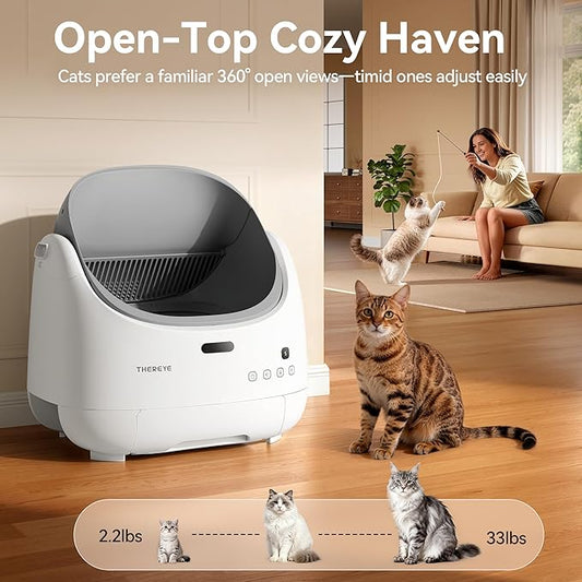 Thereye Self Cleaning Cat Litter Box, Open Top Automatic Litter Box for Multiple Cats, APP Control Smart Litter Box, Safety Sensors and Odor Control, Adjustable Entry Height Anti-Splash