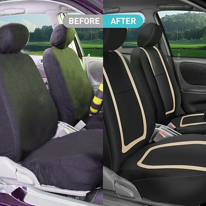 FH Group Car Seat Covers Front Set in Cloth for Low Back Car Seats with Removable Headrest, Universal Fit, Automotive Washable for SUV, Sedan, Van Beige