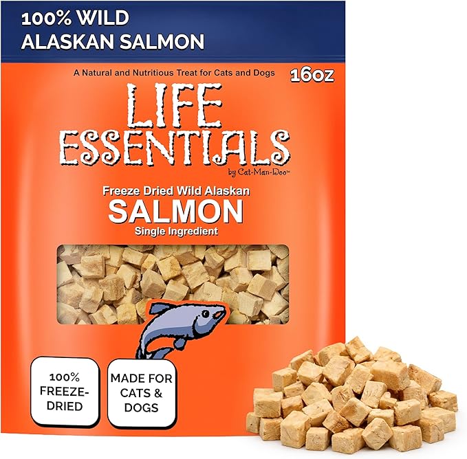 Life Essentials by Cat-Man-Doo Freeze Dried Salmon Cat & Dog Treats, Wild Caught Single Ingredient, Healthy Dog & Cat Treats, 16 oz