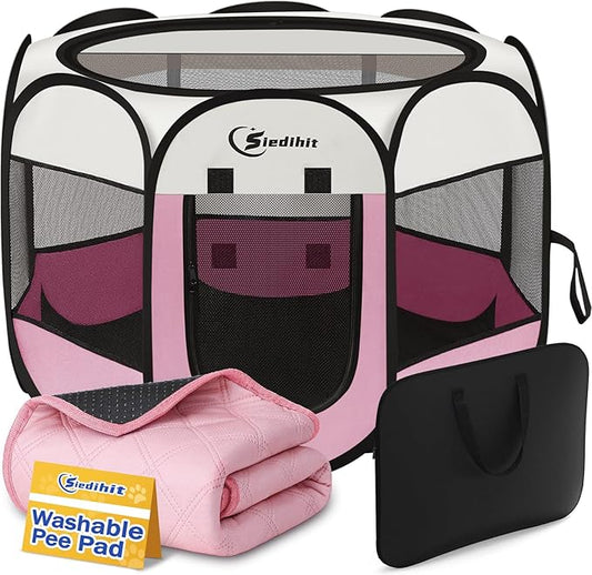 Siedihit Dog Cat Playpen, Puppy Pet Playpen Indoor for Small Dog Crate Tent Cage Outdoor, Portable Pop Up Dogs Enclosure Kennel with Carrying Case for Dogs/Cats/Rabbits(Pink, Small with pad)