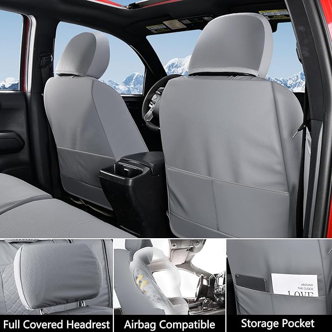 Truckiipa Seat Covers for Tacoma Full Set Leather Truck Seat Covers Waterproof Car Seat Cover Cushion Custom Fit for 2005-2015 Toyota Tacoma Double Crew Cab, Full Set, Gray