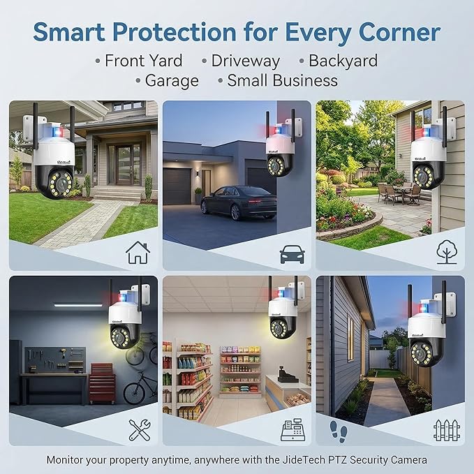 JideTech 4K 8MP Security Camera Outdoor, 5X Optical Zoom, PTZ Camera WiFi 2.4/5GHz, Red & Blue Light Alarm, Color Night Vision Floodlight, Auto Tracking, Human Vehicle Pet Detection