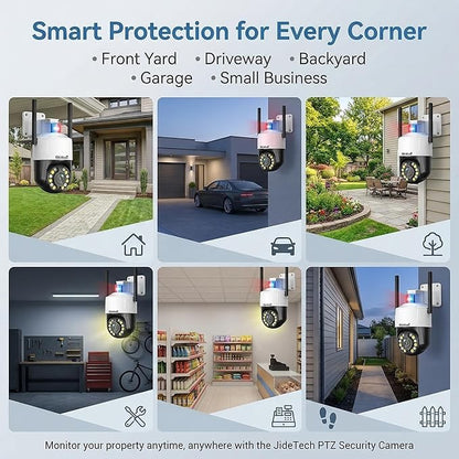 JideTech 4K 8MP Security Camera Outdoor, 5X Optical Zoom, PTZ Camera WiFi 2.4/5GHz, Red & Blue Light Alarm, Color Night Vision Floodlight, Auto Tracking, Human Vehicle Pet Detection