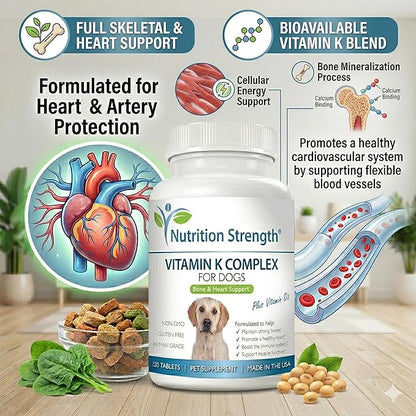 Vitamin K for Dogs - K1 & K2 (MK4 + MK7) + Vitamin D3 for Bone Health, Heart Support & Calcium Absorption - Advanced Formula for Strong Joints, Muscle & Immune Support - 120 Tablets