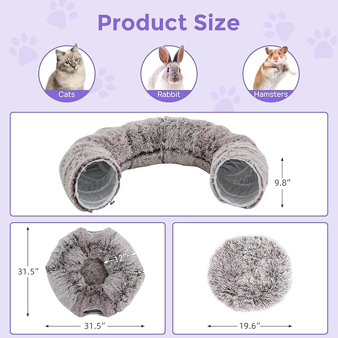 Plush Cat Tunnel Bed for Indoor Cats with Soft Cushion, Multi-Shape Play Cave with Hanging Balls, Large and Foldable Cat Donut Tunnel for Small and Large Pets (Brown)