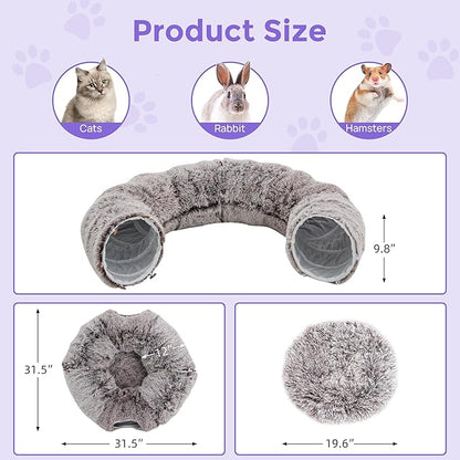 Plush Cat Tunnel Bed for Indoor Cats with Soft Cushion, Multi-Shape Play Cave with Hanging Balls, Large and Foldable Cat Donut Tunnel for Small and Large Pets (Brown)