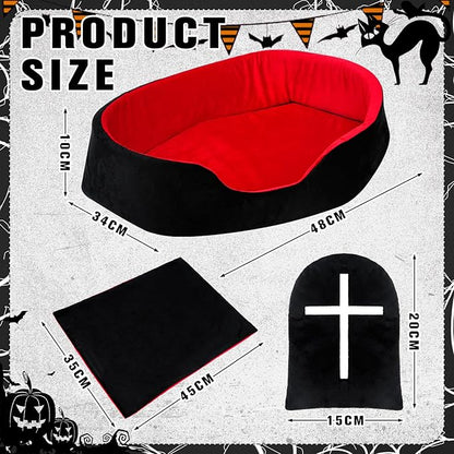 3 Pcs Gothic Cat Bed Set with 19 Inch Washable Coffin Cat Bed Black Tombstone Pillow Red and Black Blanket Gothic Pet Furniture Activity Center for Halloween