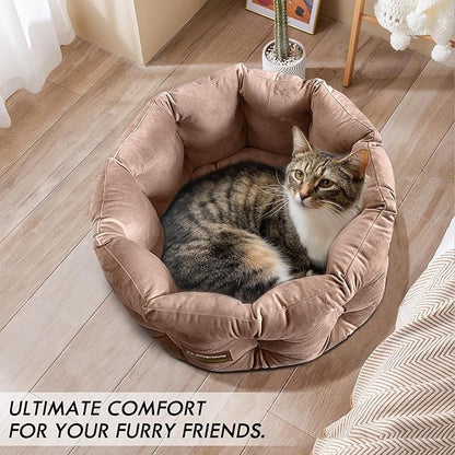 ClevaHome Deep Nest Cat Beds for Indoor Cats, Washable Round Cat Bed, Cute Kitten Bed with Anti-Slip Bottom for Kitty and Puppy, 20inches, Warm Beige