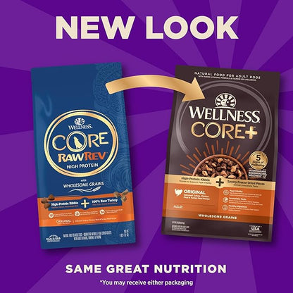 Wellness CORE+ Adult Dry Dog Food with Freeze Dried Pieces, Wholesome Grain Kibble+, Natural, High Protein, Turkey and Chicken Recipe, 20 lb Bag