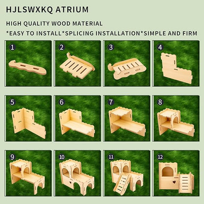 Natural Wood Hamster Habitat Hideout Cage Accessories, Maze Cabin with Fun Slide & Double-Decker House, Exercise Toys for Dwarf Hamsters, Gerbils, Mice,Other Small Animals(Only for Small Hamster C)