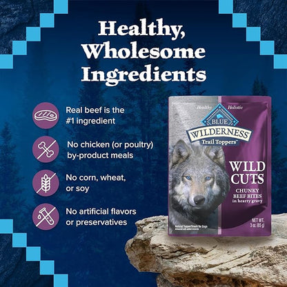 Blue Buffalo Wilderness Trail Toppers Wild Cuts Wet Dog Food, High-Protein & Grain-Free, Made with Natural Ingredients, Chunky Beef Bites in Hearty Gravy, 3-oz. Pouches, (24 Count)