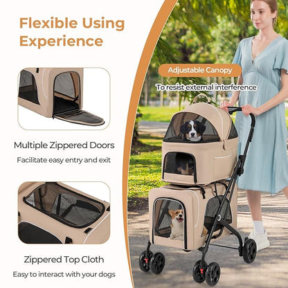 4-in-1 Double Pet Stroller with 2 Detachable Carriers, Foldable Dog Cat Travel Stroller for Small Medium Pets, Travel Cat Bag with Safety Belt & Lockable Wheels, Beige