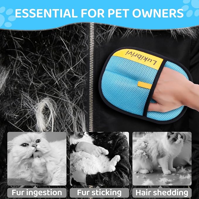 Pet Hair Removal Glove for Dogs & Cats - Upgraded Reusable Electrostatic Pet Hair Glove, Gentle Grooming Mitt, Pet Hair Remover Tool for Laundry, Couch, Carpet & Car Seat,2 Pack (Blue)