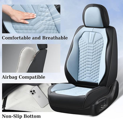 Coverado Leather Seat Covers, Car Seat Covers Full Set, Waterproof Nappa Leather Car Seat Cover, Car Seat Protectors 5 Seats, Black & Blue Automotive Seat Covers Fit for Most Cars Trucks
