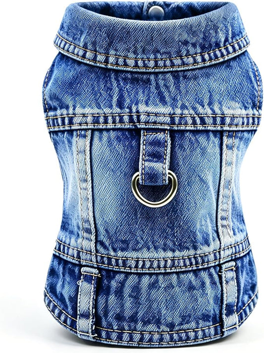 Dog Jean Jacket, Blue Denim Shirt Classic Lapel Vest Coat Costume Puppy T-Shirt, Comfort Tank Top Cool Apparel, Washed Pet Clothes for Dogs Boy Girl (with D-Ring, Large)