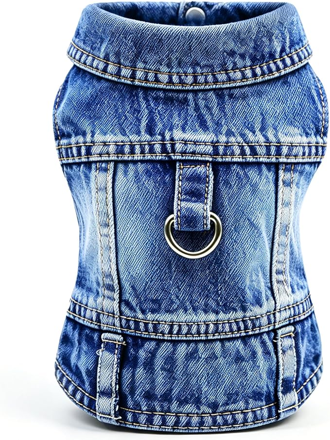Dog Jean Jacket, Blue Denim Shirt Classic Lapel Vest Coat Costume Puppy T-Shirt, Comfort Tank Top Cool Apparel, Washed Pet Clothes for Dogs Boy Girl (with D-Ring, Medium)