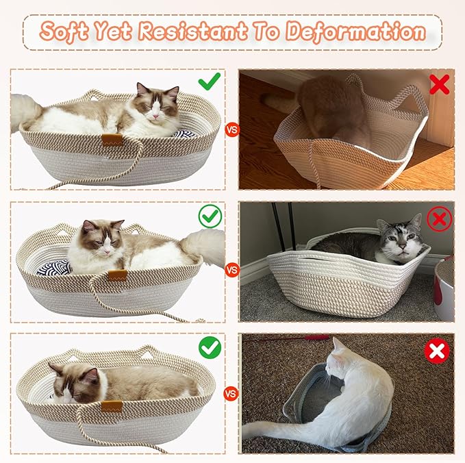 Pet Beds for Cats, Cat Beds for Indoor Cats 19.69"×13.78"×6.30",Cotton Rope Oval Cat Bed for All Seasons (with Cooler Straw Mat and Cotton Mat Both), Suitable for cats＆dogs (Yellow-white, Small)