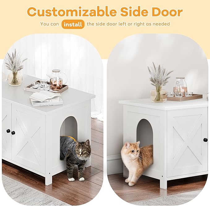 Shintenchi Cat Littler Box Enclosure, Litter Box Furniture Hidden with Removable Divider, Cat House with End Table, White, 31.5 inch