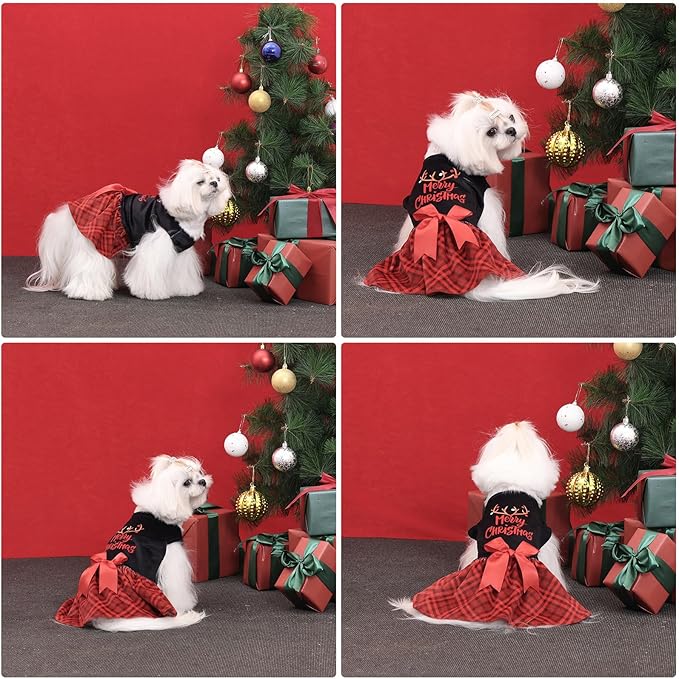 CuteBone Christmas Dog Dresses Velvet Holiday Small Dogs Clothes Onesie Pet Apparel Girl Puppy Skirt with Bow Hair Rope CVA59L-D