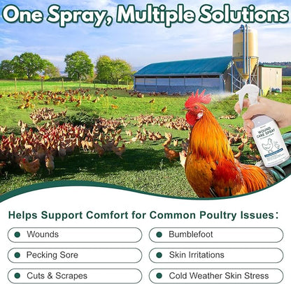 Wound Spray for Chickens and Birds, Poultry Care Spray for Pecking Sores, Bumblefoot, Vent Prolapse, Cuts, Burns & Skin Irritations, Safe for Egg-Laying Hens, Natural Herbal Formula, 8.45 Fl Oz