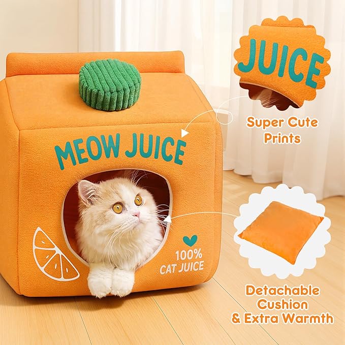 Juice Box Cat Cave Bed - Covered Cat Beds for Indoor Cats with Removable & Washable Cushion, Enclosed Kitten Puppy Hut, Cute Kitty Hideaway for Small Cats Dogs and Pet Breeds