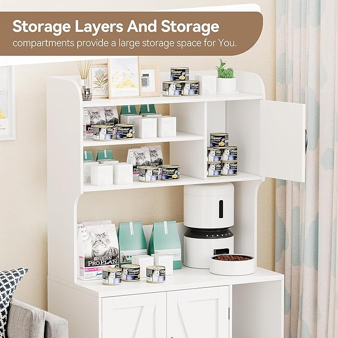 GarveeLife Cat Litter Box Enclosure with Shelves, Litter Box Cabinet, Hidden Cat Box Furniture with Scratching Mat, Wood Sturdy Cat Washroom Storage, Indoor Cat House, White