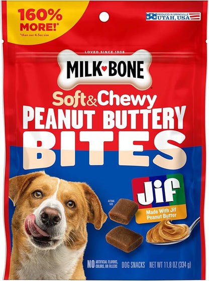 Milk-Bone Peanut Buttery Bites Soft Dog Treats with Jif Peanut Butter, 11.8-Oz. Bag