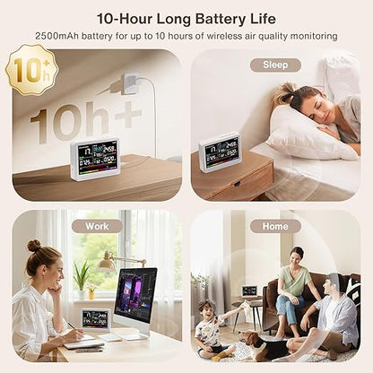 Professional 16 in 1 Air Quality Monitor Indoor 10h Battery & 5.5" Display 9 AQI+7 AQI Alerts, Portable CO2 Monitor Air Quality Tester for CO2, TVOC, PM2.5 PM1.0 PM10, HCHO Temp/ Humidity AQI & Time