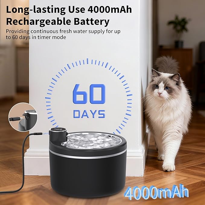 Cat Water Fountain Cordless, 108oz/3L Pet Fountains for Cats Indoor with Stainless Steel Tray, Battery Operated Cat Drinking Fountain with Motion Sens
