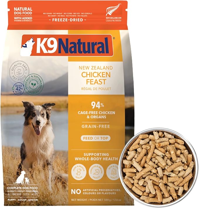 K9 Natural Chicken Freeze Dried Dog Food, High-Meat Natural Complete Meal or Meal Toppers for Dogs, Cage-Free Chicken from New Zealand, Grain-Free, GMO-Free, Complete & Balanced Nutrition, 1.1lb