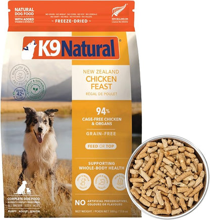 K9 Natural Chicken Freeze Dried Dog Food, High-Meat Natural Complete Meal or Meal Toppers for Dogs, Cage-Free Chicken from New Zealand, Grain-Free, GMO-Free, Complete & Balanced Nutrition, 1.1lb