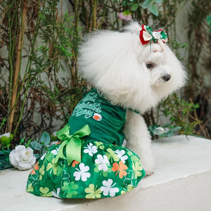 CuteBone St.Patrick's Day Dog Green Dress Velvet for Small Dogs Girl Puppy Dresses Clover Dog Clothes CVA13L-D