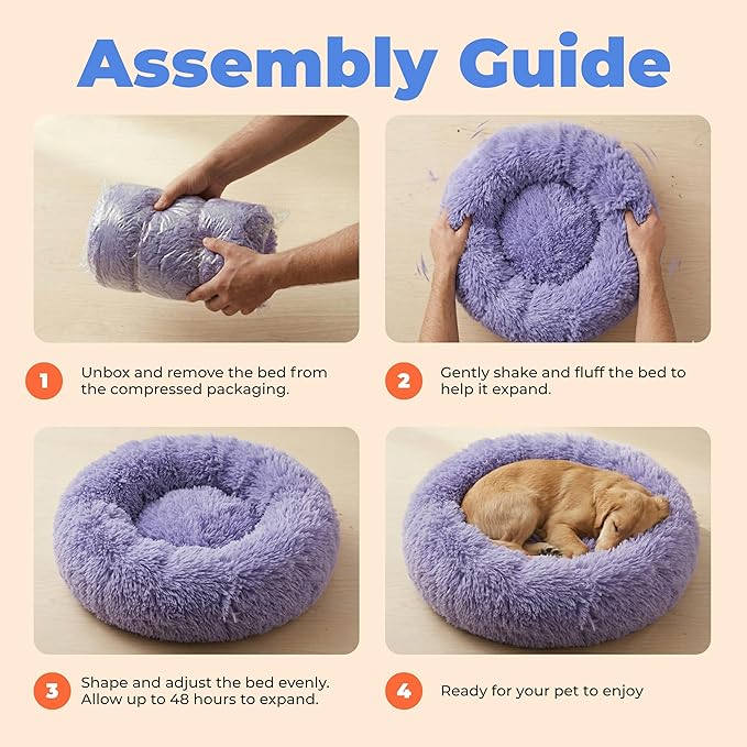 Best Pet Supplies Round Calming Dog Bed for Small, Medium & Large Dogs, Plush Donut Cuddler Pet Bed w/Raised Rim for Head, Neck Support, Anti-Slip Bottom Washable Bed - Lavender, 30 x 30 x 8