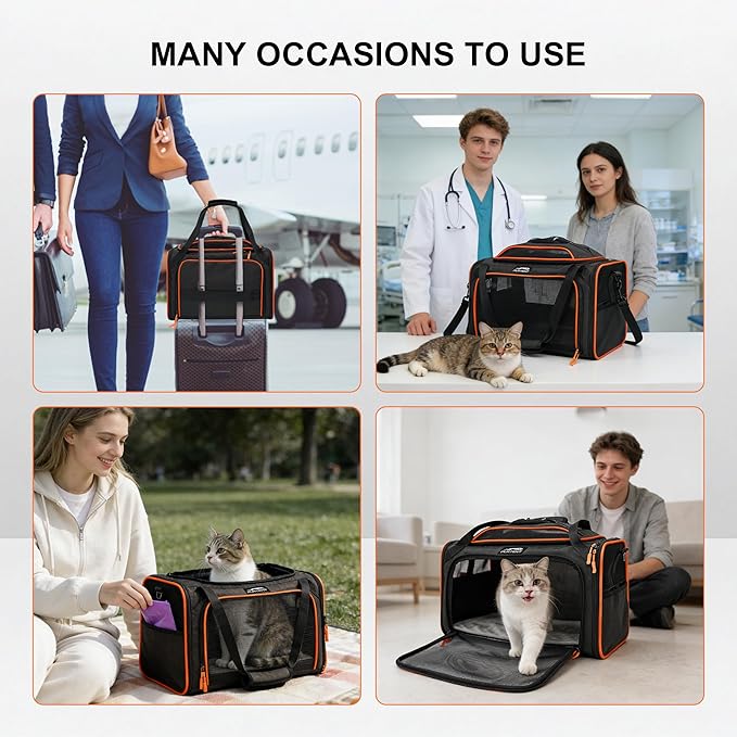 Cat Carrier, Airline Approved Dog Carrier with Top and Side Expansion, 360° Ventilation Soft-Sided Cat Carrier with Safety Leash, Foldable Travel Carrier for Small Cats and Dogs,Black