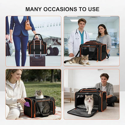 Cat Carrier, Airline Approved Dog Carrier with Top and Side Expansion, 360° Ventilation Soft-Sided Cat Carrier with Safety Leash, Foldable Travel Carrier for Small Cats and Dogs,Black