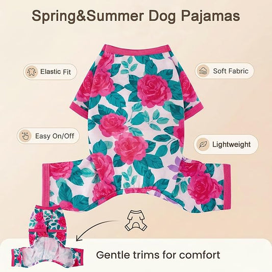 Dog Pajamas Summer Dog Clothes for Small Medium Dogs Girl Dog Pjs Cute Doggie Onesie Breathable Puppy Clothes Soft Stretchy Cat Pet Outfit (Rose Flower, Small)