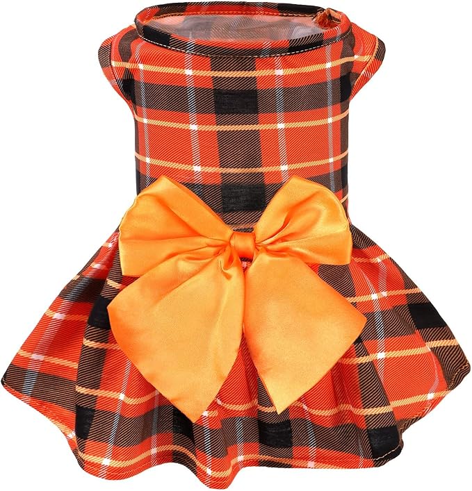 PUPTECK Plaid Fall Dog Dress Pet Apparel for Autumn with Cute Bowtie Puppy Clothes Outfit, Plaid, L