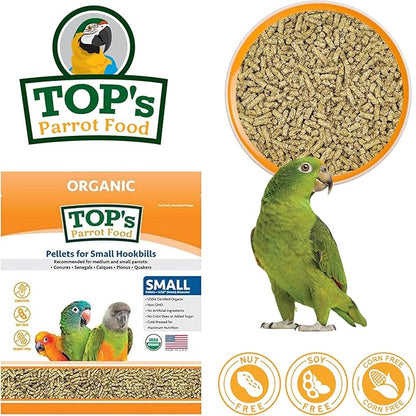 TOP's Parrot Food Bird Pellets for Small Hookbills - Non-GMO, Peanut Soy & Corn Free, USDA Organic Certified (1lb)