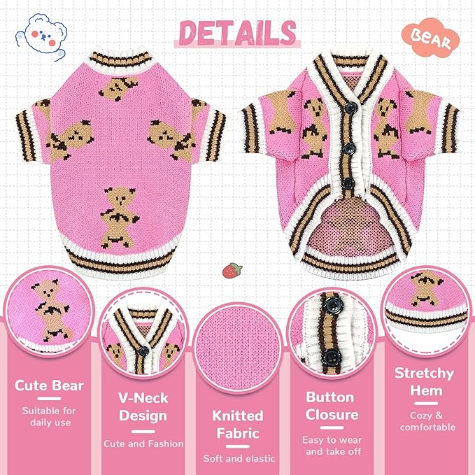 ABRRLO Small Dog Sweaters Cute Bear Dog Cardigans Clothes for Small Medium Dogs Boy Girl Puppy Cat Knitting Cardigan Outfits Dogs Winter Coats Warm Pet Doggy Clothes Soft Knitwear (Pink, Medium)