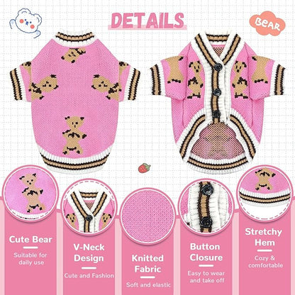 ABRRLO Small Dog Sweaters Cute Bear Dog Cardigans Clothes for Small Medium Dogs Boy Girl Puppy Cat Knitting Cardigan Outfits Dogs Winter Coats Warm Pet Doggy Clothes Soft Knitwear (Pink, Medium)