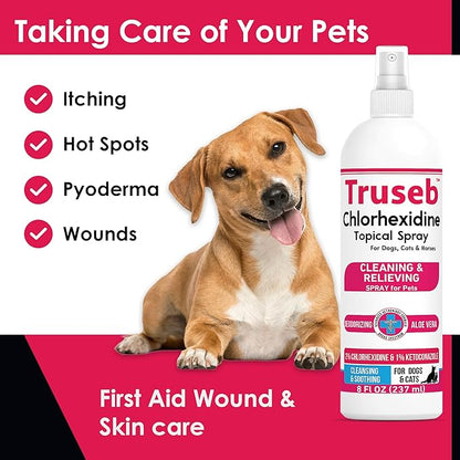 Pet Health Pharma Truseb Topical Ketoconazole and Chlorhexidine Spray for Dogs, Cats, and Horses with Essential Fatty Acids, Aloe and Vitamin E- 16 oz (Ketoconazole & Chlorhexidine Spray, 16 oz)