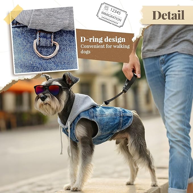 Cool Dog Jean Jacket Vest with D-Ring Blue Denim Dogs Hoodies Outfits for Small Medium Dogs Cats Boy Male Dog Clothes Costume Dogggie Puppy Harness Coat for Frenchie Walking(Grey Hat,XS)