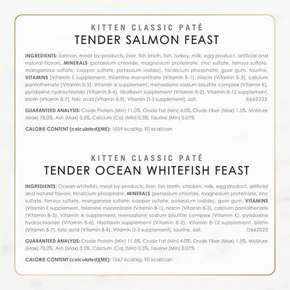 Fancy Feast Purina Tender Ocean Whitefish,Turkey,Chicken and Salmon Feasts Wet Kitten Food Variety Pack - 3 oz. Boxes,(Pack of 48)