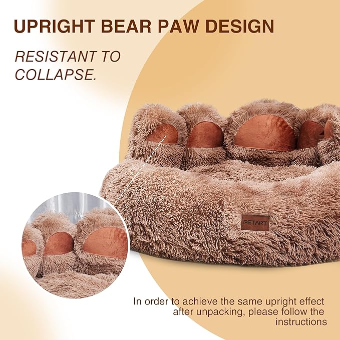 Cute Dog Bed, Fluffy Cozy Bear Paw Shape Plush Round Cat Bed for Small, Medium Dogs Large Cats, Comfortable Sleeping Puppy Cushion, Ideal for Indoor Use（Khaki,30inch