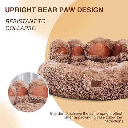 Cute Dog Bed, Fluffy Cozy Bear Paw Shape Plush Round Cat Bed for Small, Medium Dogs Large Cats, Comfortable Sleeping Puppy Cushion, Ideal for Indoor Use（Khaki,30inch