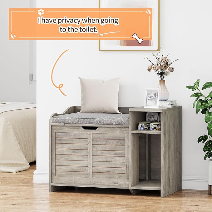 Litter Box Enclosure with Top Opening with Cushion, Cat Litter Box Furniture Hidden, Litter Box Hidden, Cat House, Privacy Cat Litter Box Cabinet Grey
